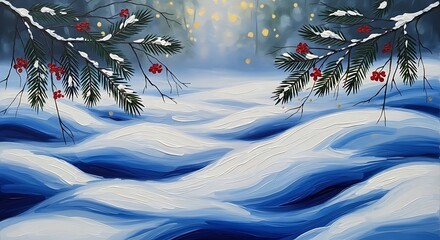 Winter Wonderland Painting with Snow Covered Trees and Golden Lights