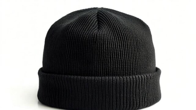 Video A close-up shot of a black beanie hat on a plain white background, great for fashion or lifestyle