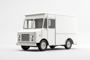 A 3D render of a minimalist white delivery truck. Isolated on a plain white background. Concept of logistics, shipping, e-commerce, and transport.
