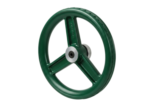 Isolated industrial green cast iron wheel, factory machinery part, turning mechanism component