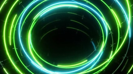 Abstract neon rings on a dark background, featuring rotating circles with glowing light rays. Seamless looping animation with vibrant green neon glow. - Powered by Adobe