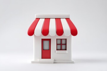 A 3D render of a minimalist shop icon or storefront. White building with a red awning. Isolated on a plain white background. Concept of retail, small business, and e-commerce.