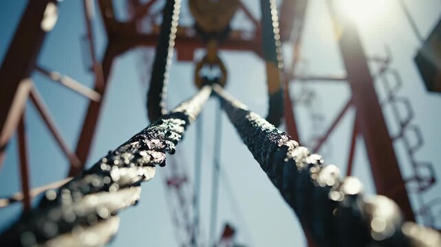 Looking up at Cable Ropes and a Large Crane on a Sunny Day