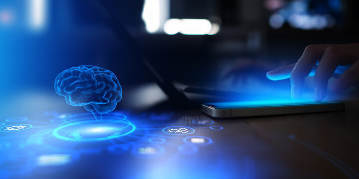 Artificial Intelligence Brain Visualization on Digital Touchscreen. - Powered by Adobe