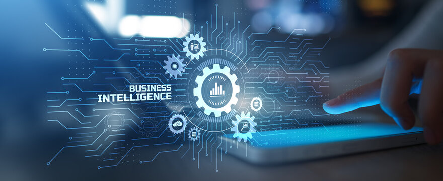 Business Intelligence and Data Visualization Interface with Digital Analytics on Touchscreen.