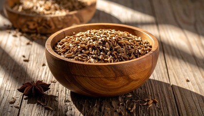 Wooden bowls filled with seeds on table