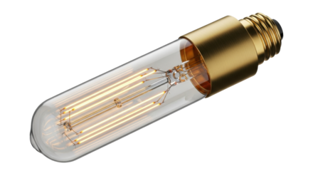 Isolated tubular lightbulb on a bright surface casts soft glowing filaments and soft light
