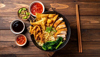 Asian cuisine bowl with garnishes and chopsticks