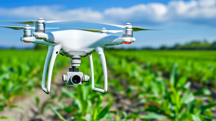 Drone Flying Over a Green Agricultural Field Capturing Aerial Images of Crops in Bright Daylight