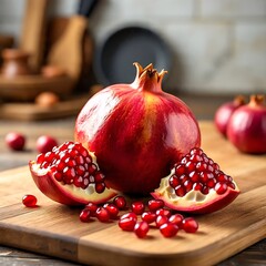 Sliced Pomegranate on Wooden Cutting Board with Seeds