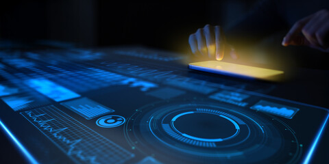 Futuristic Touchscreen Interface with Digital Data Visualization and Analytics Dashboard.