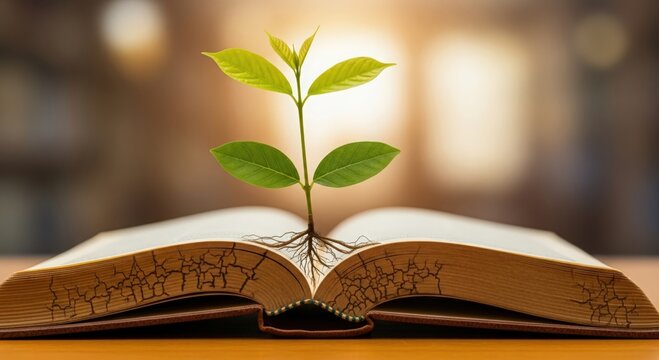 Knowledge Growth Concept – Green sapling emerging from open book, representing learning and development
