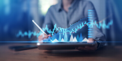 Touchscreen Financial Analytics and Interactive Stock Market Graph on Virtual Screen.