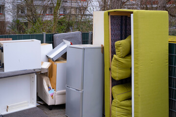 bulky waste reduction, large pile discarded furniture and wooden panels, renovation or decluttering...