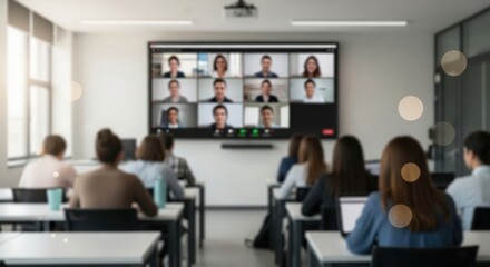 Hybrid Classroom Blur – Students seated with online participants displayed on screen