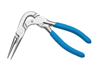 Isolated bent long nose pliers, blue ergonomic handle, tool for electronics, repairs