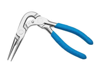 Isolated bent long nose pliers, blue ergonomic handle, tool for electronics, repairs
