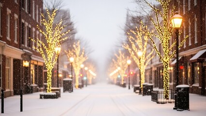Naklejka premium Snowy christmas street scene with twinkling lights creating a magical holiday atmosphere downtown