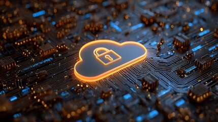 Lit cloud lock on a circuit board, warm light glows