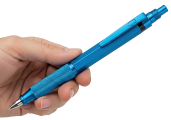 Isolated mechanical pencil with grip held in hand, drafting tool, stationery object for writing, tool