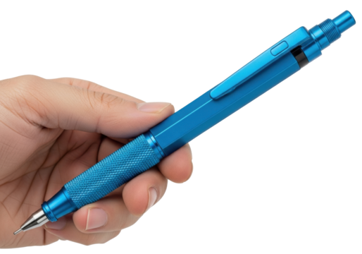 Isolated mechanical pencil with grip held in hand, drafting tool, stationery object for writing, tool