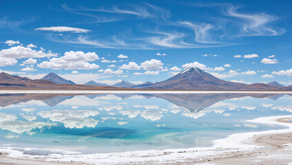 Breathtaking reflection of snow-capped mountains in salar de uyuni bolivia nature landscape serene environment wide angle