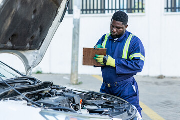 African mechanic recording car diagnostics on a clipboard during routine maintenance in his workshop