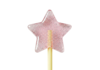 Isolated sparkly pink star lollipop, a sweet treat on a stick, perfect for a candy buffet
