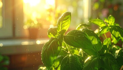 Basil plant lit by sunlight