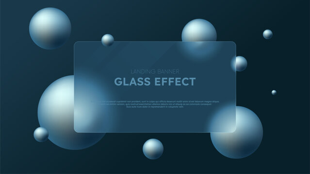 Square transparent glass frame with a blurred effect on a background with abstract volumetric silver spheres, Vector render of cloudy glass morphism website landing page template