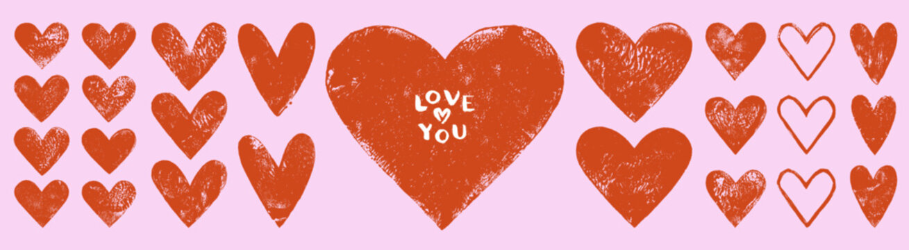 Hand printed linocut hearts set. Textured grunge relief printing heart shapes, rough aged texture. Lino ink grungy Valentine's day backgrounds, text frames, card templates. Love you handlettering.