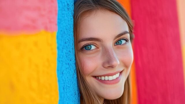 Video A young woman leans against a brightly colored wall - Powered by Adobe