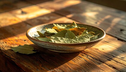Bay leaves in rustic bowl on wooden table