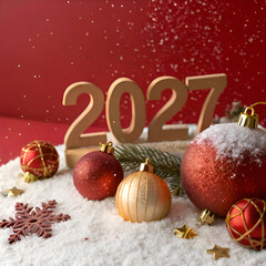 Festive 2027 New Year Display with Golden Baubles, Snow, and Decorations on Red Background on transparent background