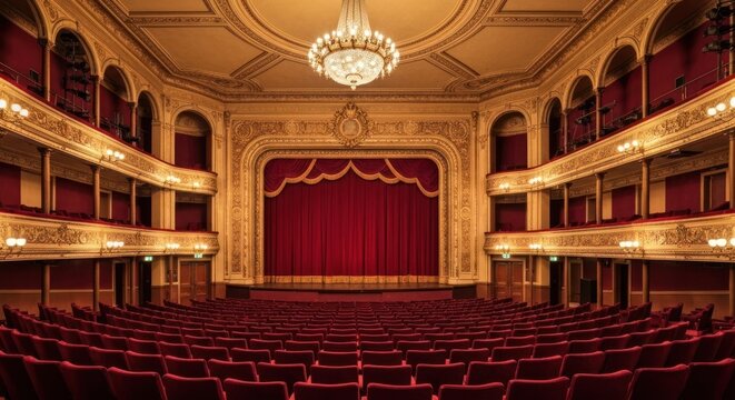Interior of a classic theater, featuring ornate balconies, red s