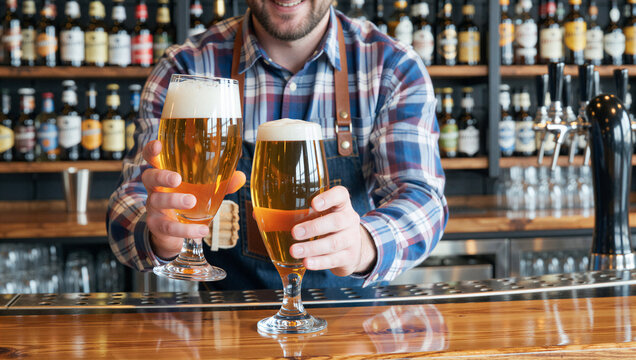 Bartender serving fresh craft beer at a cozy bar indoor pub atmosphere enjoyable drink experience