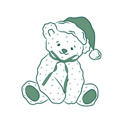 Christmas teddy bear on white background. Doodle toy, retro style