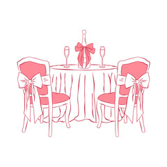 Elegant table with long tablecloth, chairs decorated with ribbons. Romantic composition for date design, menu, Valentine's Day