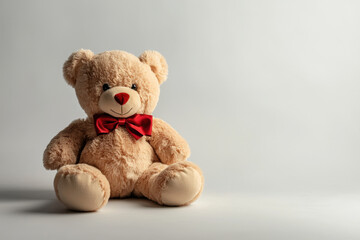 Obraz premium Soft plush teddy bear with red bow tie sits against plain light background, evoking warmth and comfort with its fluffy texture and friendly expression