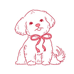 Cute fluffy puppy with pink bow. Drawn doodle element, pedigree dog for designing cards and invitations