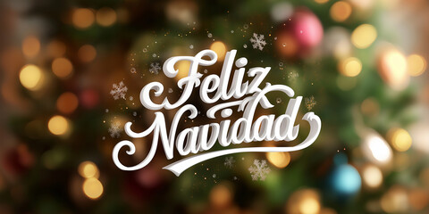 Feliz Navidad festive lettering with golden bokeh and Christmas tree lights