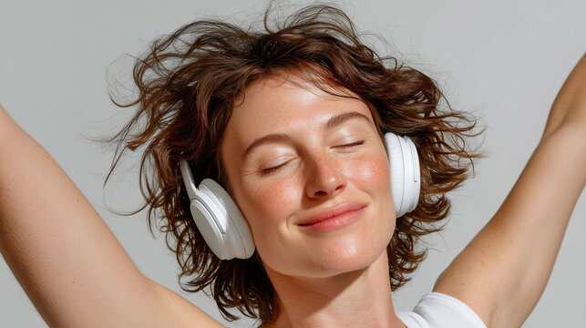 Joyful woman with wireless headphones relaxing to music, eyes closed and smiling