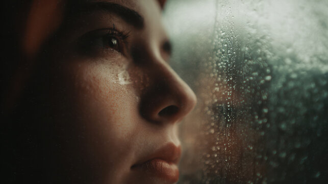 Close-up of face with tear on cheek, next to wet window.