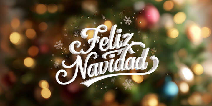 Feliz Navidad festive lettering with golden bokeh and Christmas tree lights