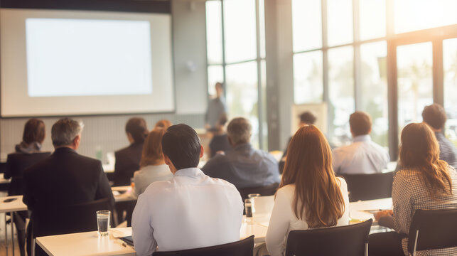 Modern business seminar with audience listening to speaker in bright conference room, corporate training and networking