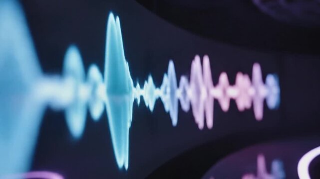 Dynamic sound wave visualization pulses with vibrant neon light, representing audio data and digital signals in motion