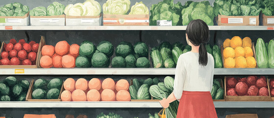 A woman selects fresh vegetables from supermarket shelves, illustrating a healthy lifestyle, which would be ideal as a natural backdrop for food blogs or eco-product advertising.
