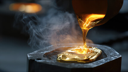 Molten gold being poured into a casting mold.