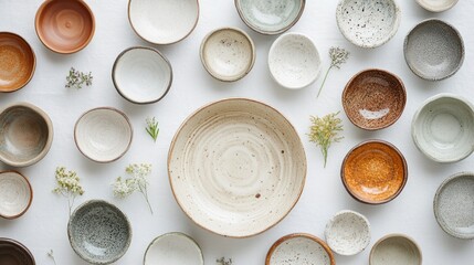 The beauty of handcrafted items is emphasised on colourful ceramic bowls, harmoniously arranged around flowers — the perfect atmospheric backdrop for design catalogues and art projects.