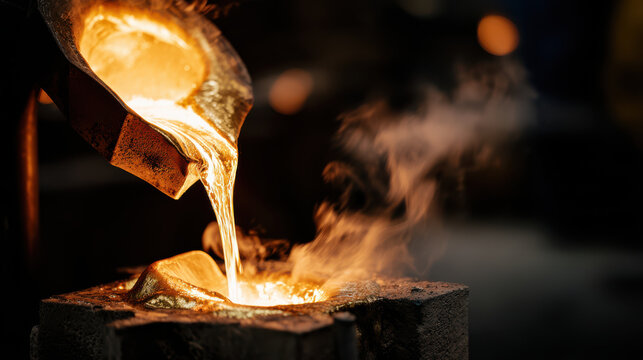 Molten metal streams from crucible into a casting mold.